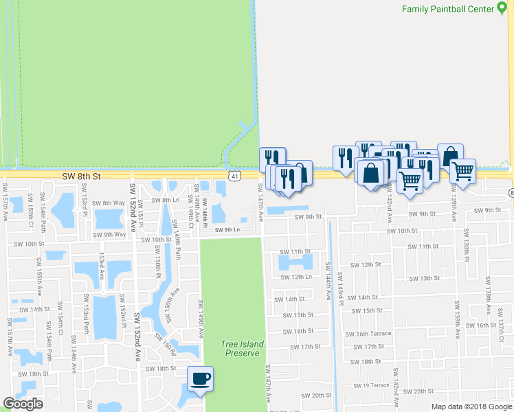 map of restaurants, bars, coffee shops, grocery stores, and more near 901 Southwest 147th Court in Miami