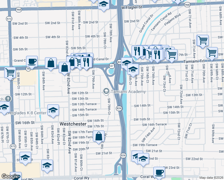 map of restaurants, bars, coffee shops, grocery stores, and more near 1125 Southwest 78th Court in Miami