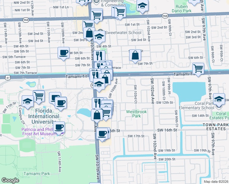 map of restaurants, bars, coffee shops, grocery stores, and more near 1001 Southwest 105th Avenue in Miami