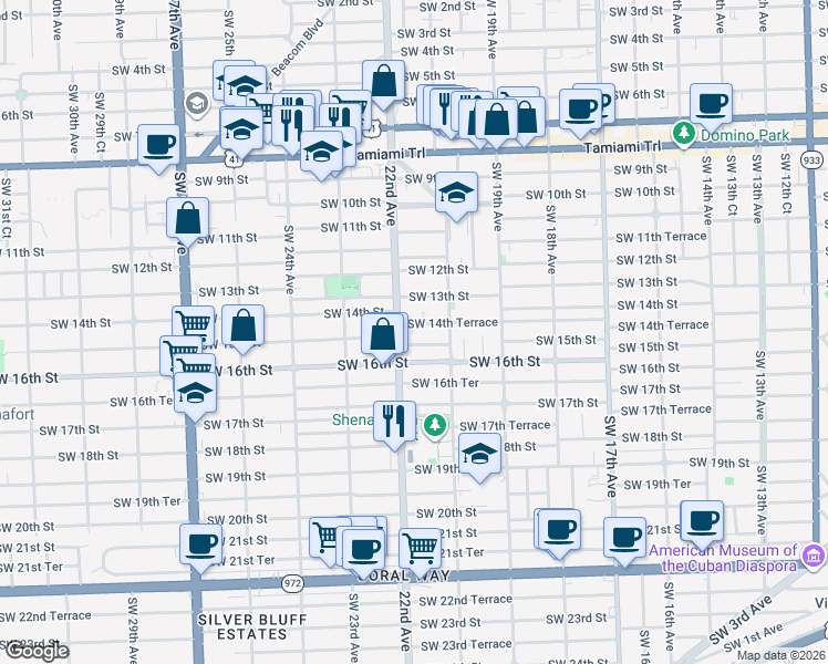map of restaurants, bars, coffee shops, grocery stores, and more near 1434 Southwest 22nd Avenue in Miami