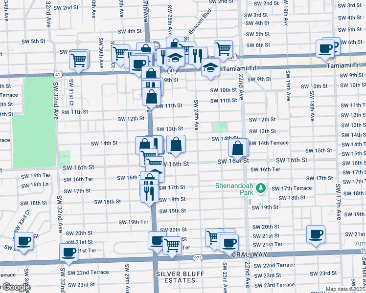 map of restaurants, bars, coffee shops, grocery stores, and more near 2490 Southwest 14th Street in Miami