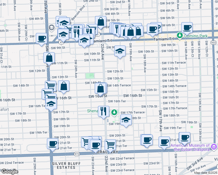 map of restaurants, bars, coffee shops, grocery stores, and more near 1434 Southwest 22nd Avenue in Miami