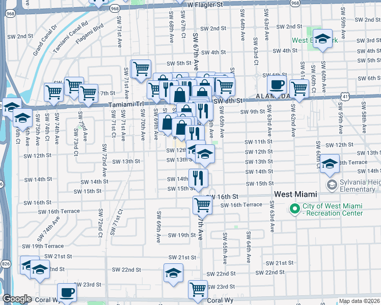 map of restaurants, bars, coffee shops, grocery stores, and more near 1200 Ludlam Road in Miami