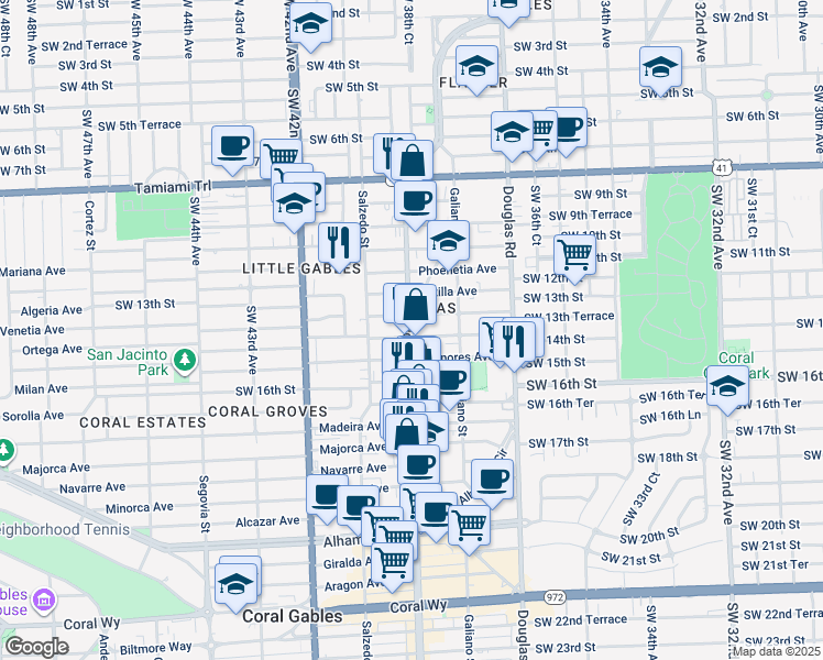 map of restaurants, bars, coffee shops, grocery stores, and more near 1805 East Ponce De Leon Boulevard in Coral Gables