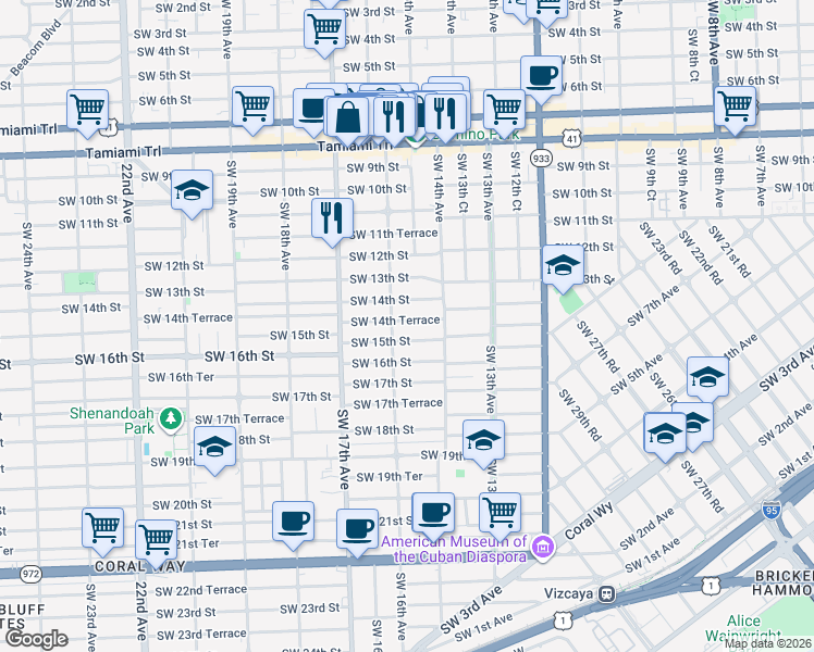 map of restaurants, bars, coffee shops, grocery stores, and more near 1545 Southwest 14th Terrace in Miami