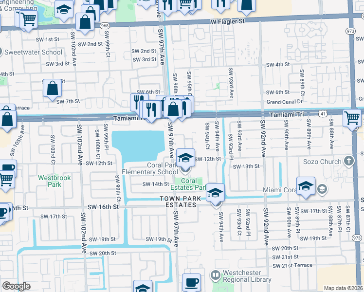 map of restaurants, bars, coffee shops, grocery stores, and more near 9645 Southwest 10th Terrace in Miami