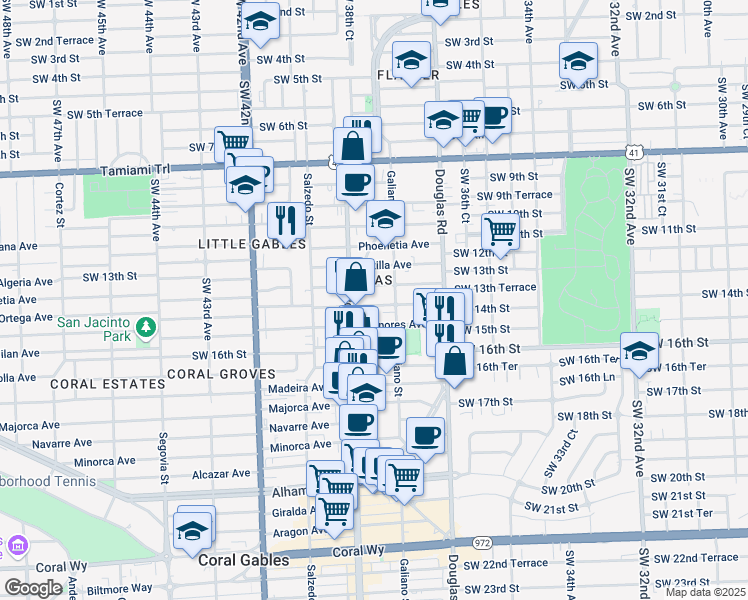 map of restaurants, bars, coffee shops, grocery stores, and more near in Coral Gables