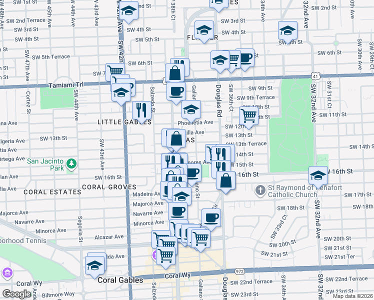 map of restaurants, bars, coffee shops, grocery stores, and more near 119 Salamanca Avenue in Coral Gables