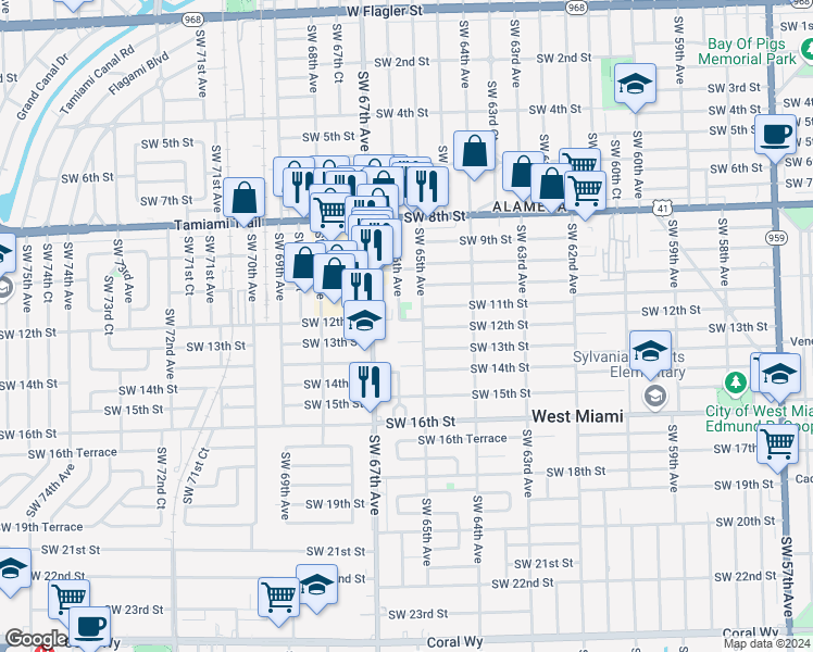 map of restaurants, bars, coffee shops, grocery stores, and more near 6570 Southwest 12th Street in Miami