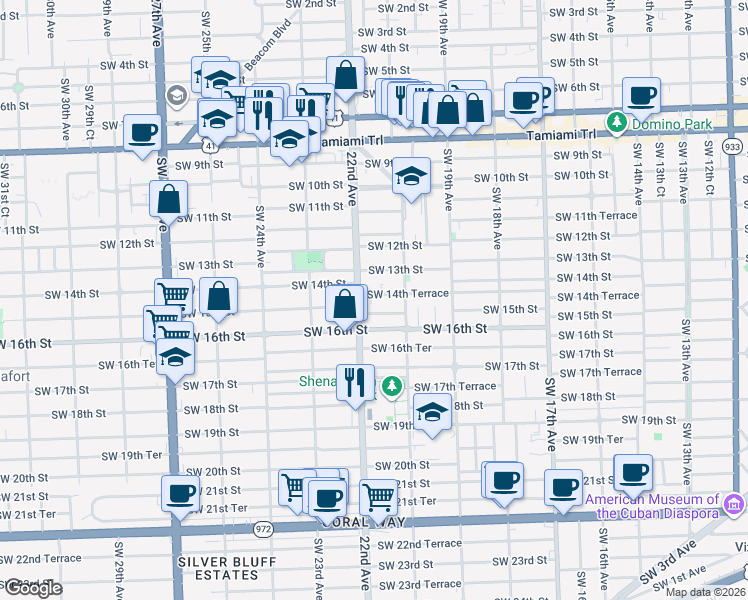 map of restaurants, bars, coffee shops, grocery stores, and more near 1434 Southwest 22nd Avenue in Miami