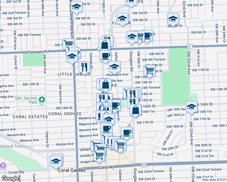 map of restaurants, bars, coffee shops, grocery stores, and more near in Coral Gables