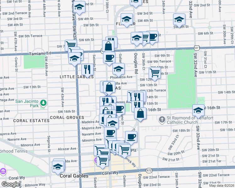 map of restaurants, bars, coffee shops, grocery stores, and more near in Coral Gables