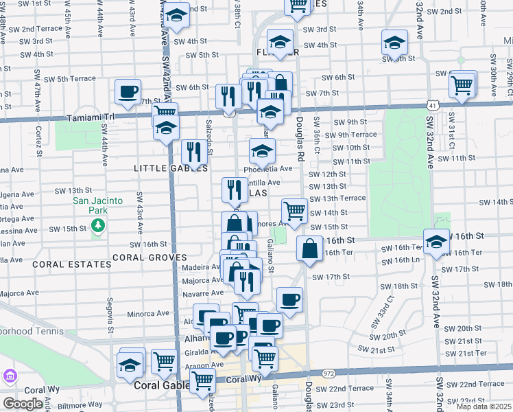 map of restaurants, bars, coffee shops, grocery stores, and more near 119 Salamanca Avenue in Coral Gables