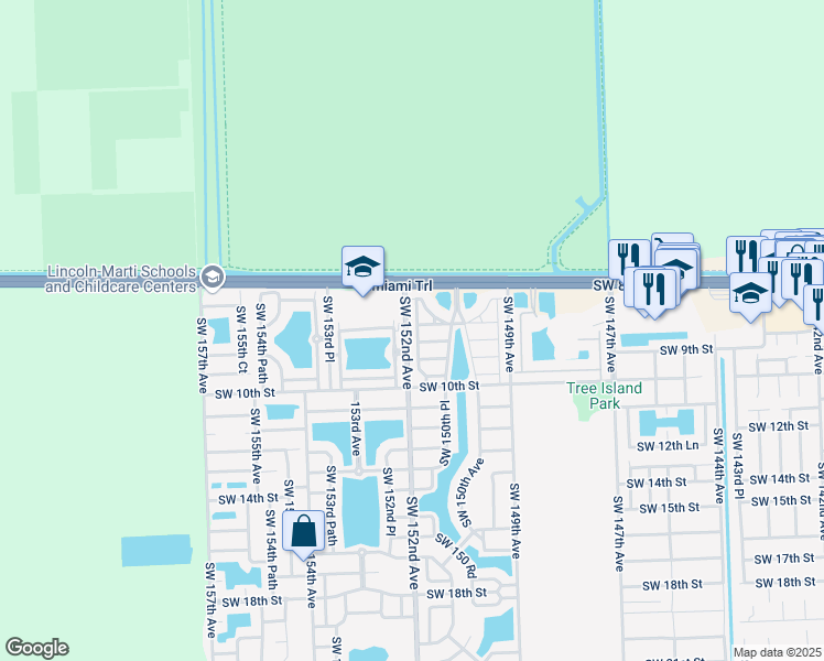 map of restaurants, bars, coffee shops, grocery stores, and more near 882 Southwest 151 Place in Miami
