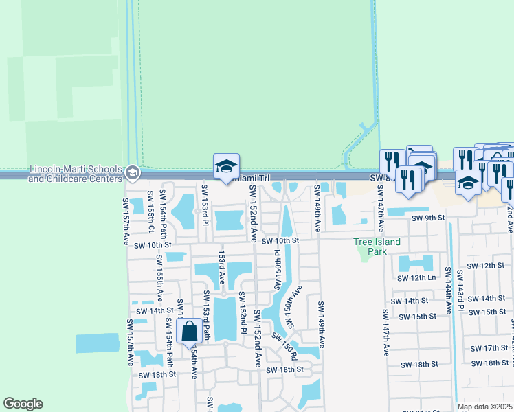 map of restaurants, bars, coffee shops, grocery stores, and more near 882 Southwest 151 Place in Miami