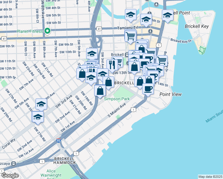 map of restaurants, bars, coffee shops, grocery stores, and more near 1600 Southwest 1st Avenue in Miami