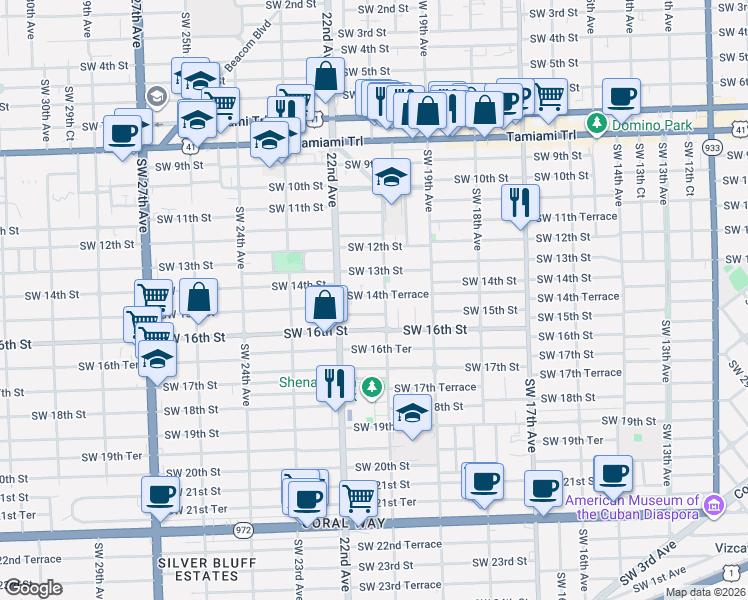 map of restaurants, bars, coffee shops, grocery stores, and more near 2122 Southwest 14th Terrace in Miami