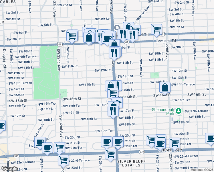 map of restaurants, bars, coffee shops, grocery stores, and more near 2730 Southwest 14th Street in Miami