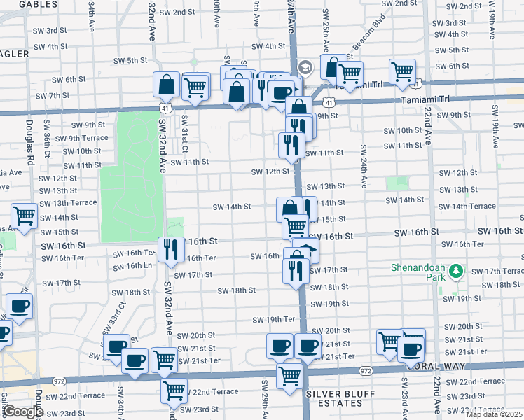 map of restaurants, bars, coffee shops, grocery stores, and more near 2915 Southwest 14th Street in Miami