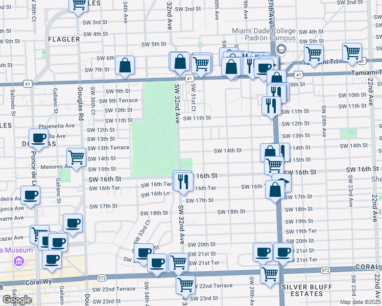 map of restaurants, bars, coffee shops, grocery stores, and more near 3145 Southwest 14th Street in Miami