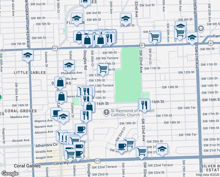 map of restaurants, bars, coffee shops, grocery stores, and more near 3430 Southwest 13th Terrace in Miami