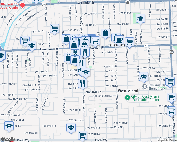 map of restaurants, bars, coffee shops, grocery stores, and more near 6570 Southwest 12th Street in Miami