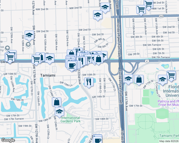 map of restaurants, bars, coffee shops, grocery stores, and more near 12063 Southwest 10th Street in Miami