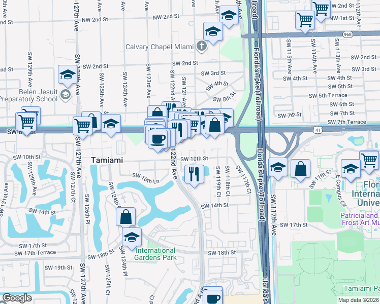 map of restaurants, bars, coffee shops, grocery stores, and more near 12063 Southwest 10th Street in Miami
