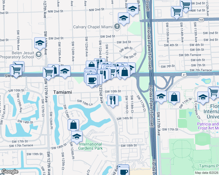 map of restaurants, bars, coffee shops, grocery stores, and more near 12063 Southwest 10th Street in Miami