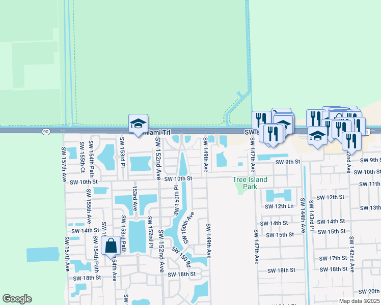 map of restaurants, bars, coffee shops, grocery stores, and more near 14964 Southwest 8th Lane in Miami