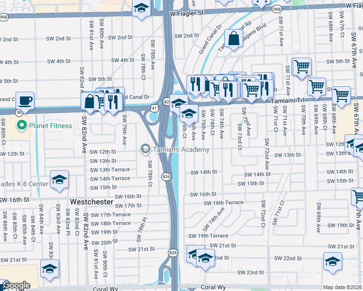 map of restaurants, bars, coffee shops, grocery stores, and more near 1120 Southwest 76th Court in Miami