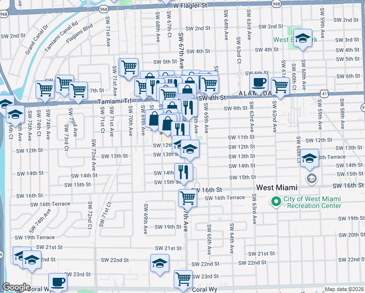map of restaurants, bars, coffee shops, grocery stores, and more near 1200 Ludlam Road in Miami