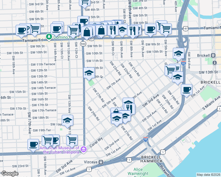 map of restaurants, bars, coffee shops, grocery stores, and more near 2540 Southwest 7th Avenue in Miami