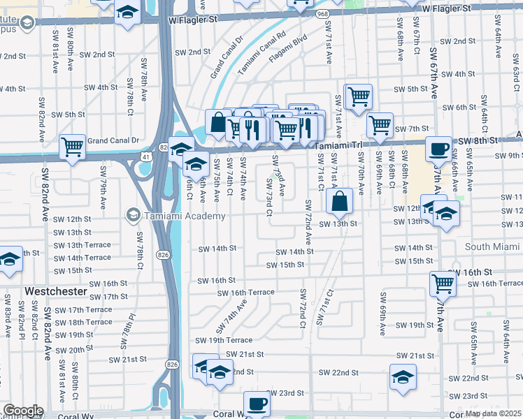 map of restaurants, bars, coffee shops, grocery stores, and more near 7341 Southwest 12th Street in Miami