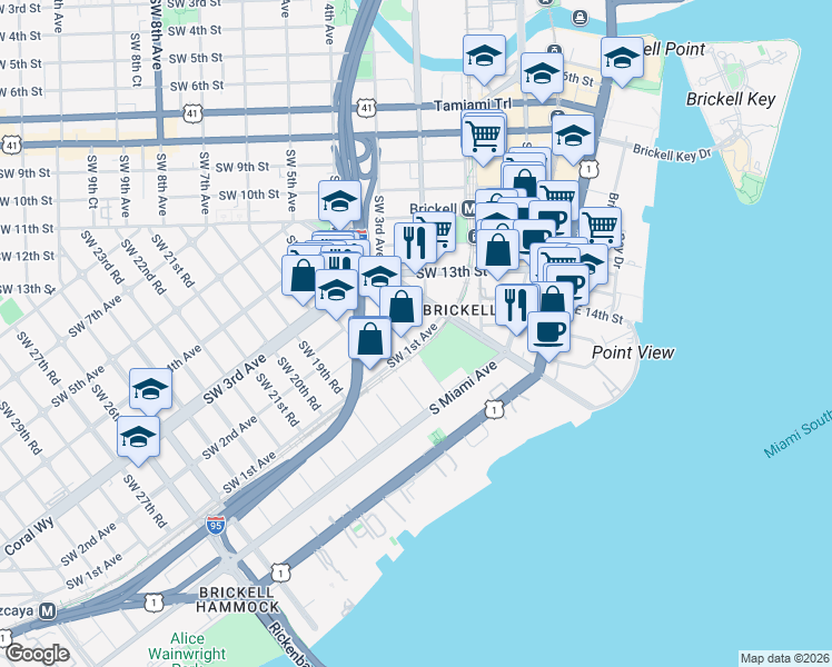map of restaurants, bars, coffee shops, grocery stores, and more near 1600 Southwest 1st Avenue in Miami