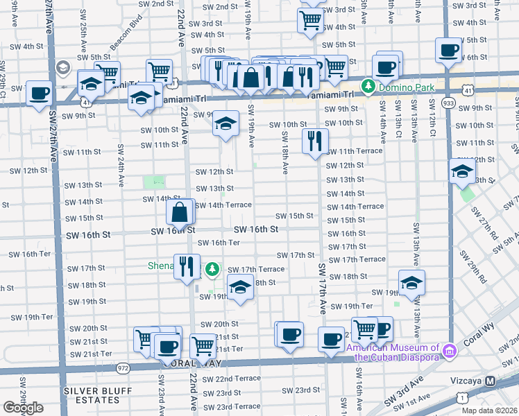 map of restaurants, bars, coffee shops, grocery stores, and more near 1878 Southwest 14th Terrace in Miami