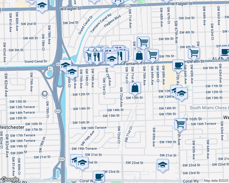map of restaurants, bars, coffee shops, grocery stores, and more near 1141 Southwest 73rd Avenue in Miami
