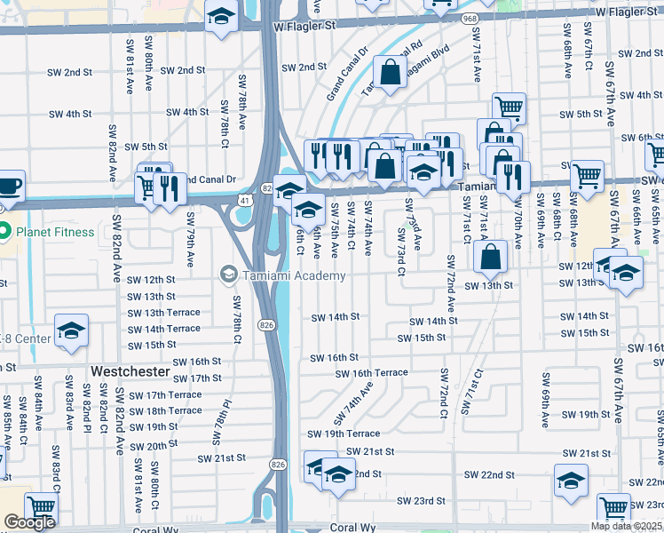 map of restaurants, bars, coffee shops, grocery stores, and more near 1132 Southwest 75th Avenue in Miami