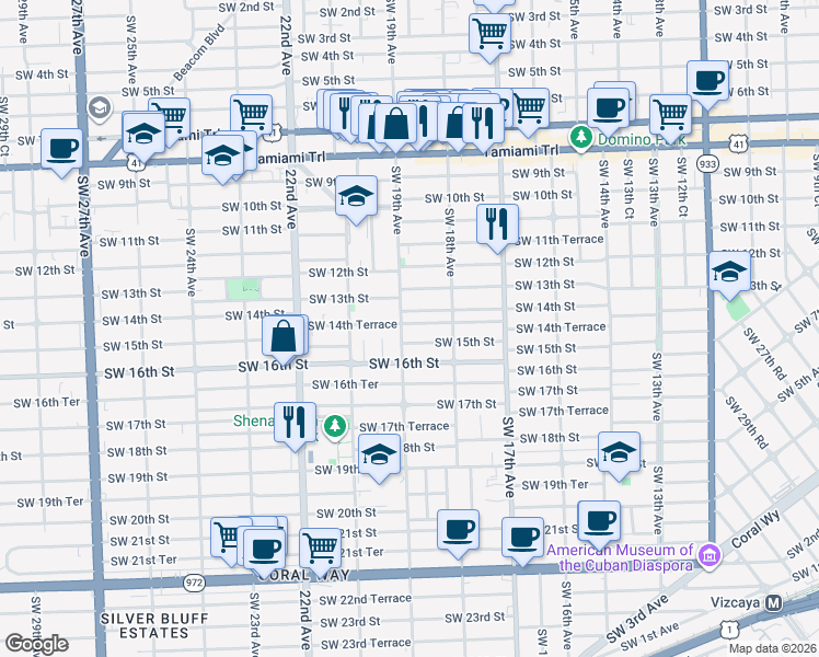 map of restaurants, bars, coffee shops, grocery stores, and more near 1878 Southwest 14th Terrace in Miami