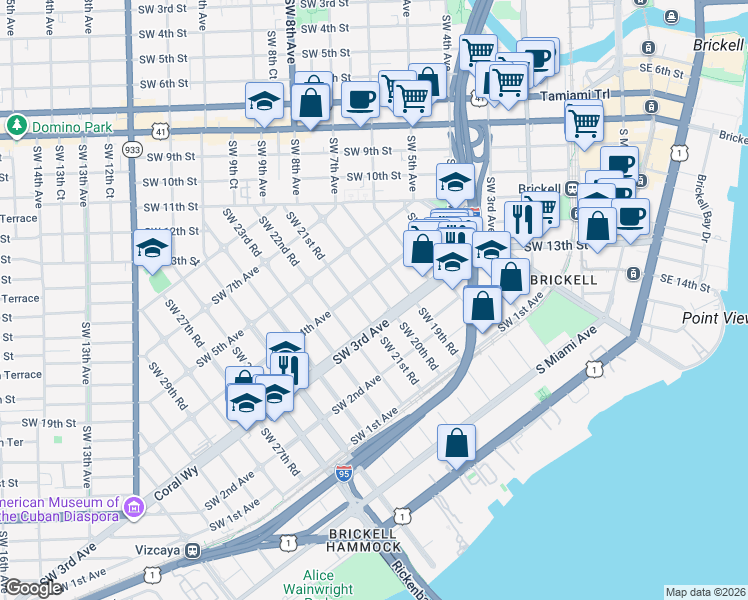 map of restaurants, bars, coffee shops, grocery stores, and more near 321 Southwest 20th Road in Miami