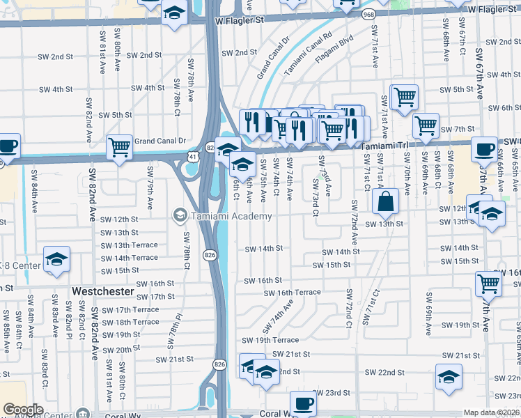 map of restaurants, bars, coffee shops, grocery stores, and more near 1132 Southwest 75th Avenue in Miami