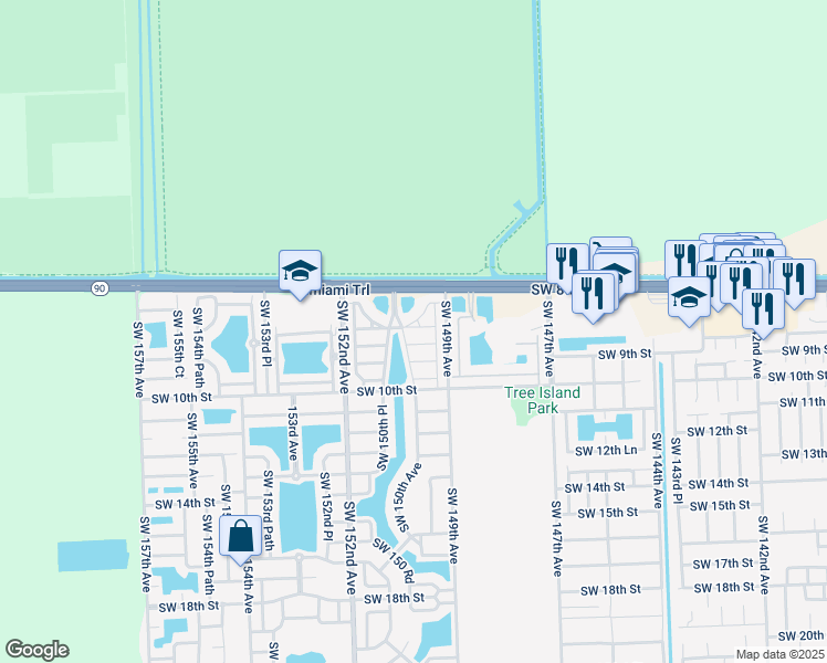 map of restaurants, bars, coffee shops, grocery stores, and more near 14964 Southwest 8th Lane in Miami