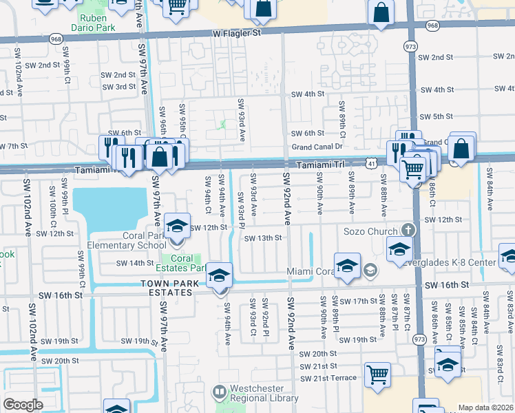 map of restaurants, bars, coffee shops, grocery stores, and more near 1071 Southwest 93rd Avenue in Miami