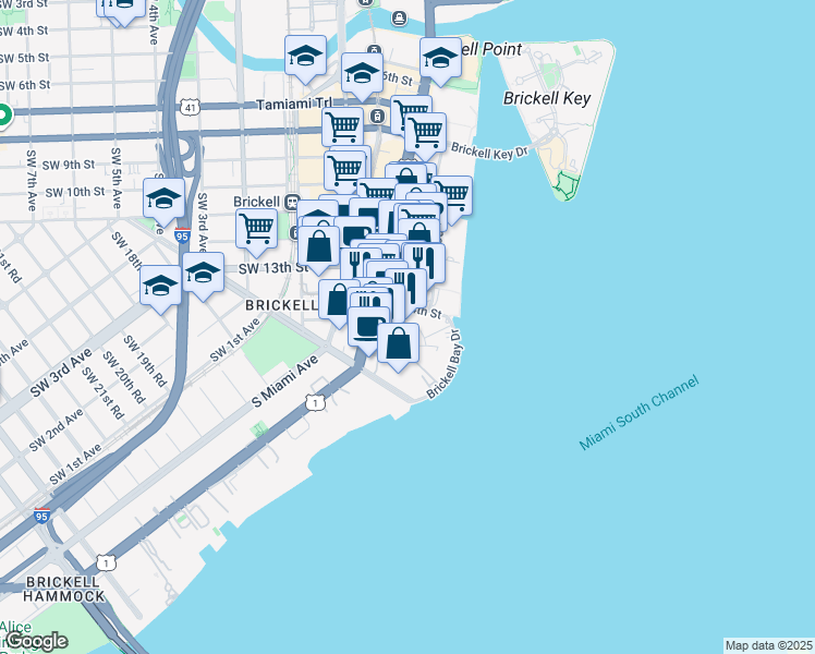 map of restaurants, bars, coffee shops, grocery stores, and more near 1401 Brickell Avenue in Miami