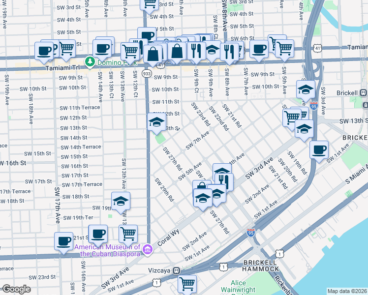 map of restaurants, bars, coffee shops, grocery stores, and more near 2540 Southwest 7th Avenue in Miami
