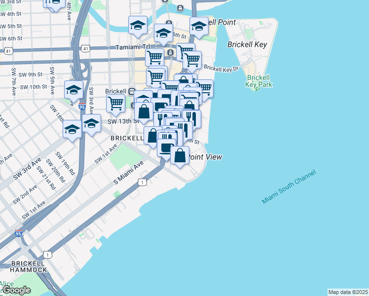 map of restaurants, bars, coffee shops, grocery stores, and more near 1401 Brickell Avenue in Miami