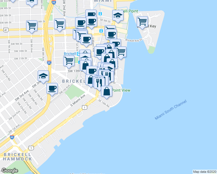 map of restaurants, bars, coffee shops, grocery stores, and more near 1401 Brickell Avenue in Miami