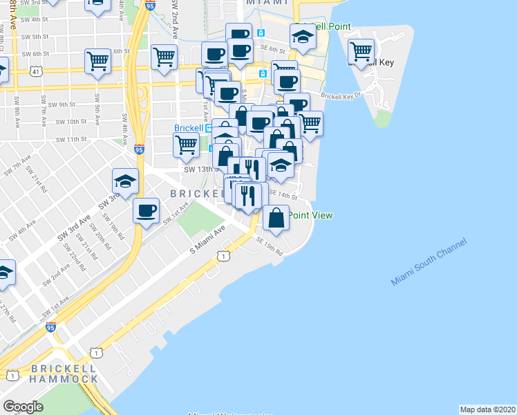 map of restaurants, bars, coffee shops, grocery stores, and more near 1428 Brickell Avenue in Miami