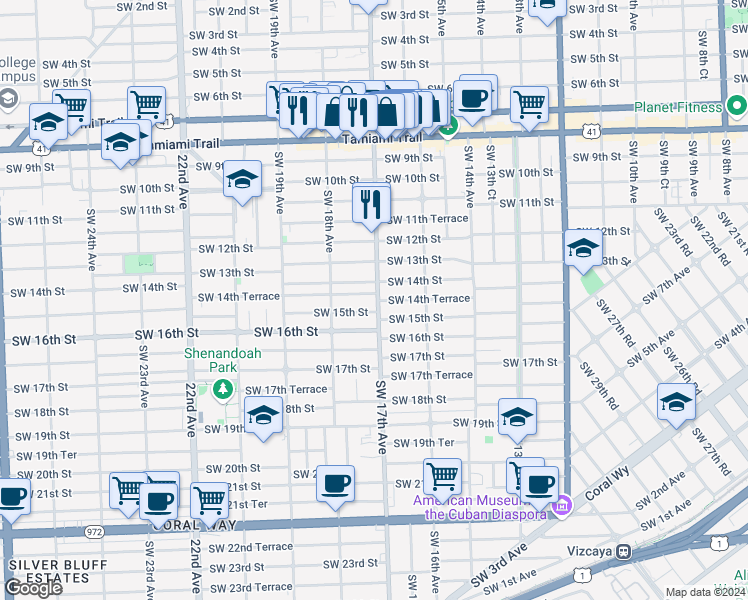 map of restaurants, bars, coffee shops, grocery stores, and more near 1728 Southwest 14th Terrace in Miami