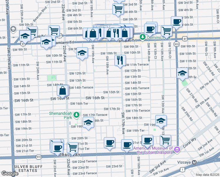 map of restaurants, bars, coffee shops, grocery stores, and more near 1450 Southwest 18th Avenue in Miami